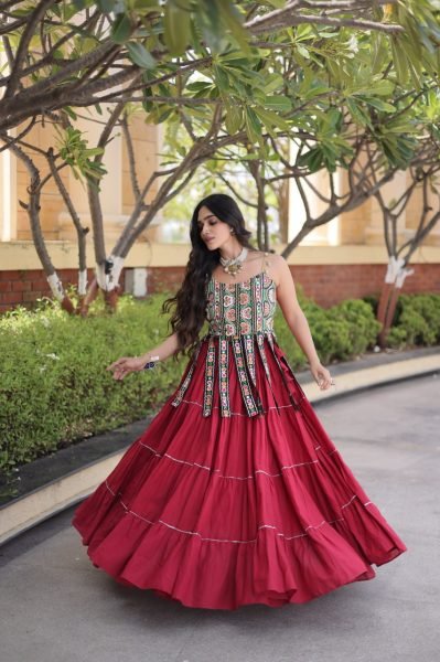 Contemporary Maroon Designer Kora Cotton Frill Lehenga with Kutchi Patchwork Blouse Navratri Lehnega Choli