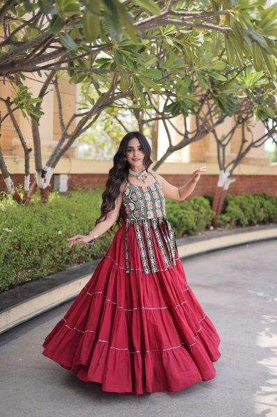 Contemporary Maroon Designer Kora Cotton Frill Lehenga with Kutchi Patchwork Blouse Navratri Lehnega Choli