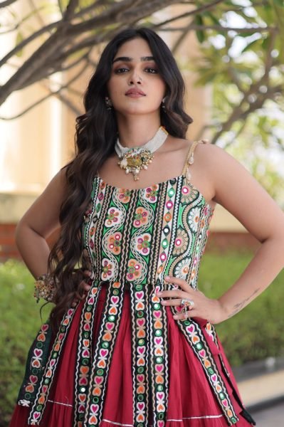 Contemporary Maroon Designer Kora Cotton Frill Lehenga with Kutchi Patchwork Blouse Navratri Lehnega Choli