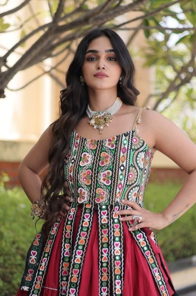 Contemporary Maroon Designer Kora Cotton Frill Lehenga with Kutchi Patchwork Blouse Navratri Lehnega Choli