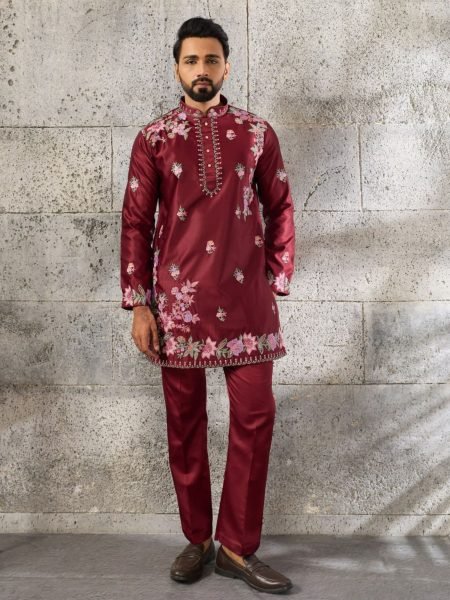 Contemporary Maroon Men's Festival Kurta Pant Set with Japanese Fabric 