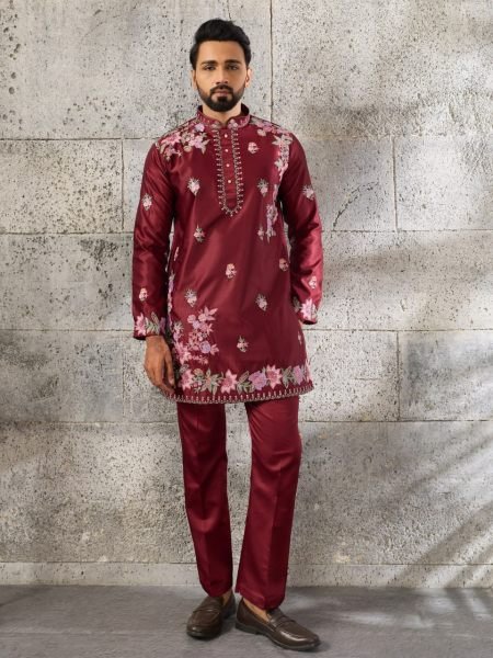 Contemporary Maroon Men's Festival Kurta Pant Set with Japanese Fabric Mens Short Kurta
