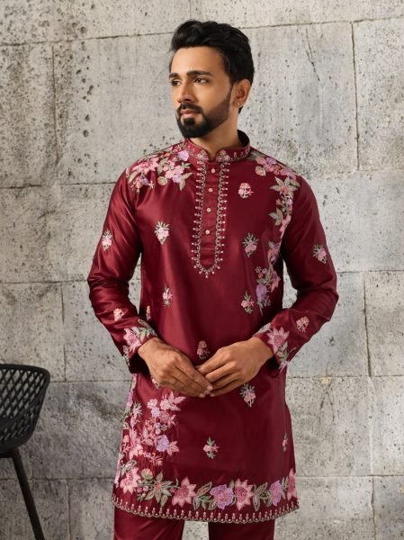 Contemporary Maroon Men's Festival Kurta Pant Set with Japanese Fabric Mens Short Kurta