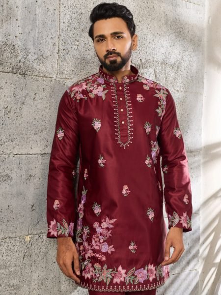 Contemporary Maroon Men's Festival Kurta Pant Set with Japanese Fabric Mens Short Kurta