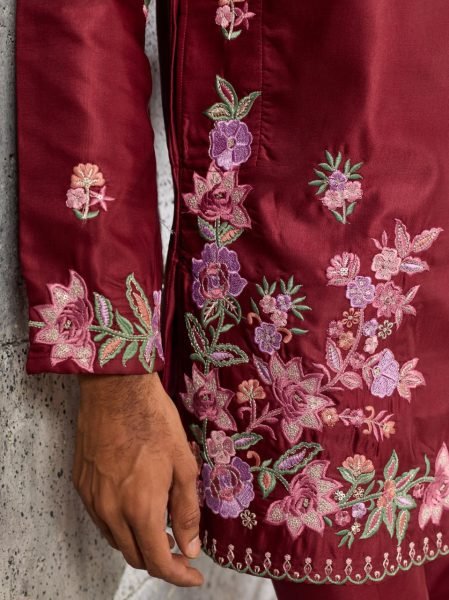 Contemporary Maroon Men's Festival Kurta Pant Set with Japanese Fabric Mens Short Kurta