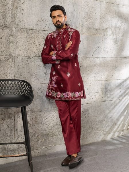 Contemporary Maroon Men's Festival Kurta Pant Set with Japanese Fabric Mens Short Kurta