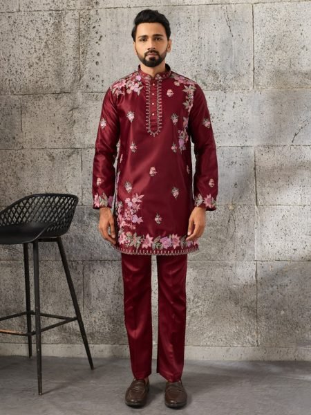 Contemporary Maroon Men's Festival Kurta Pant Set with Japanese Fabric Mens Short Kurta