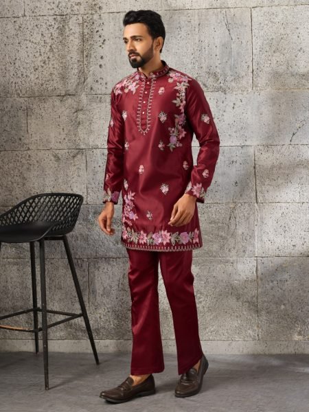 Contemporary Maroon Men's Festival Kurta Pant Set with Japanese Fabric Mens Short Kurta