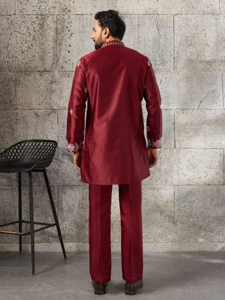 Contemporary Maroon Men's Festival Kurta Pant Set with Japanese Fabric Mens Short Kurta
