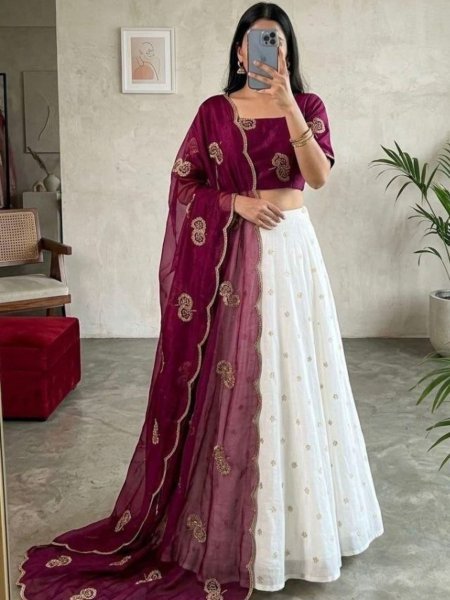 Contemporary Maroon Stylish Party Wear Lehenga Set with Embroidered Blouse and Dupatta  Lehenga
