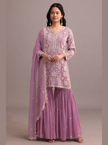 Contemporary Mauve Georgette Embroidered Palazzo Suit Set for Wedding Wear 