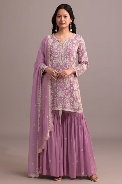 Contemporary Mauve Georgette Embroidered Palazzo Suit Set for Wedding Wear Sharara Set