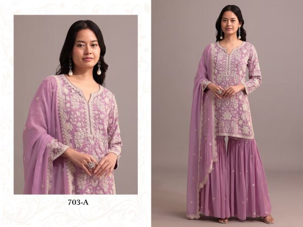 Contemporary Mauve Georgette Embroidered Palazzo Suit Set for Wedding Wear Sharara Set