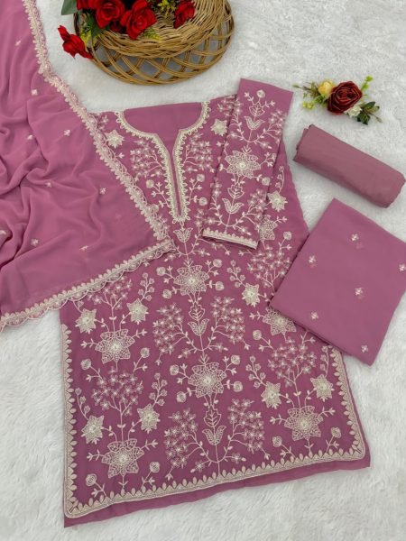 Contemporary Mauve Georgette Embroidered Palazzo Suit Set for Wedding Wear Sharara Set
