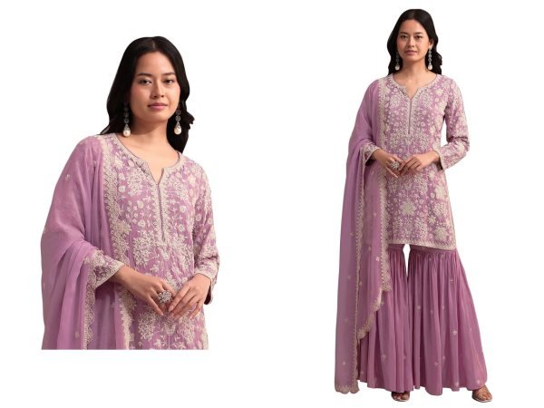 Contemporary Mauve Georgette Embroidered Palazzo Suit Set for Wedding Wear Sharara Set