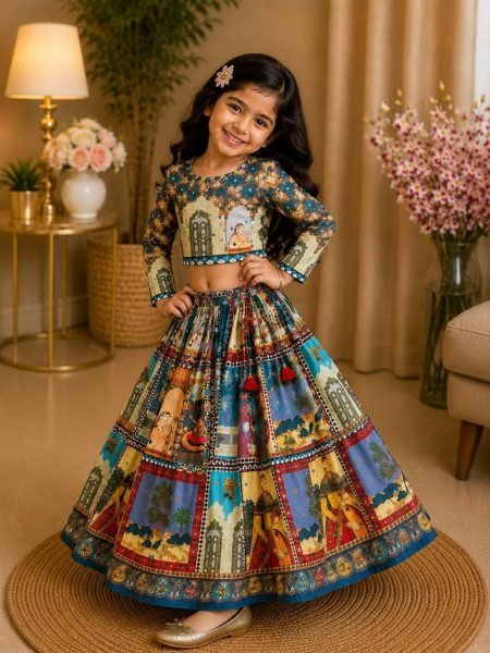 Contemporary Multicolor Organza Silk Lehenga Choli with Digital Print and Hand Mirror Work 