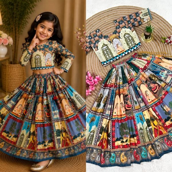 Contemporary Multicolor Organza Silk Lehenga Choli with Digital Print and Hand Mirror Work Girls Wear