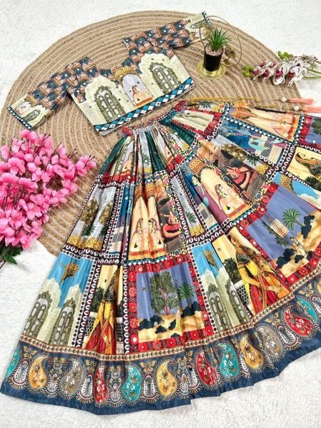 Contemporary Multicolor Organza Silk Lehenga Choli with Digital Print and Hand Mirror Work Girls Wear