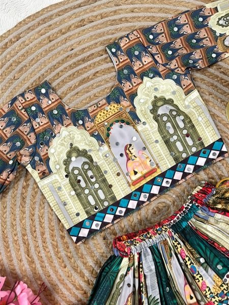 Contemporary Multicolor Organza Silk Lehenga Choli with Digital Print and Hand Mirror Work Girls Wear