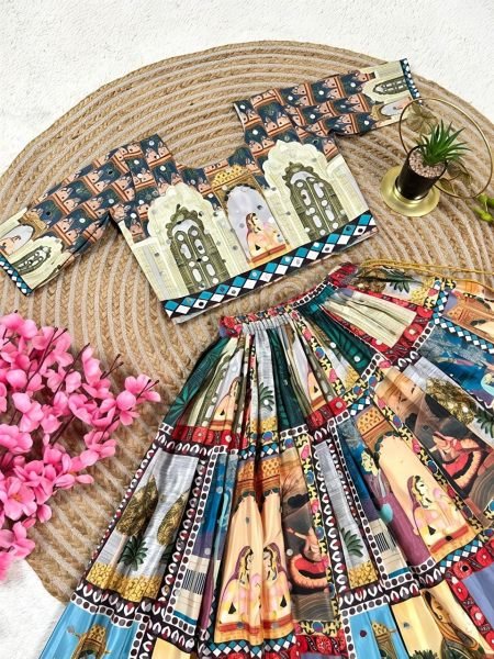 Contemporary Multicolor Organza Silk Lehenga Choli with Digital Print and Hand Mirror Work Girls Wear