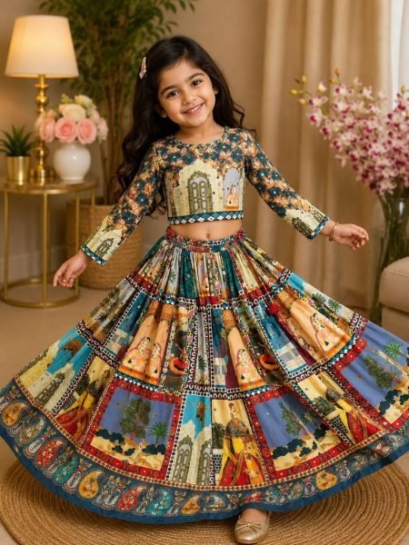 Contemporary Multicolor Organza Silk Lehenga Choli with Digital Print and Hand Mirror Work Girls Wear