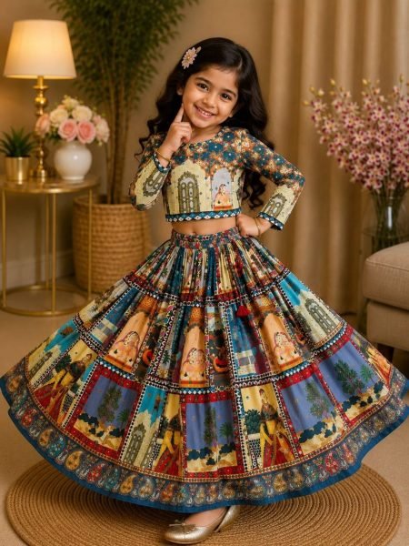 Contemporary Multicolor Organza Silk Lehenga Choli with Digital Print and Hand Mirror Work Girls Wear