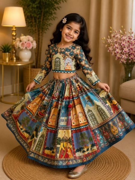 Contemporary Multicolor Organza Silk Lehenga Choli with Digital Print and Hand Mirror Work Girls Wear