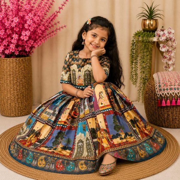 Contemporary Multicolor Organza Silk Lehenga Choli with Digital Print and Hand Mirror Work Girls Wear