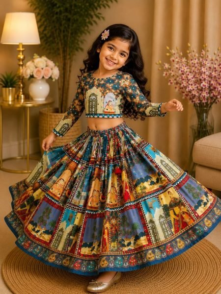 Contemporary Multicolor Organza Silk Lehenga Choli with Digital Print and Hand Mirror Work Girls Wear