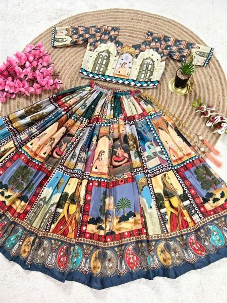 Contemporary Multicolor Organza Silk Lehenga Choli with Digital Print and Hand Mirror Work Girls Wear