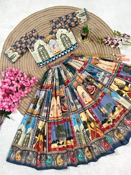 Contemporary Multicolor Organza Silk Lehenga Choli with Digital Print and Hand Mirror Work Girls Wear
