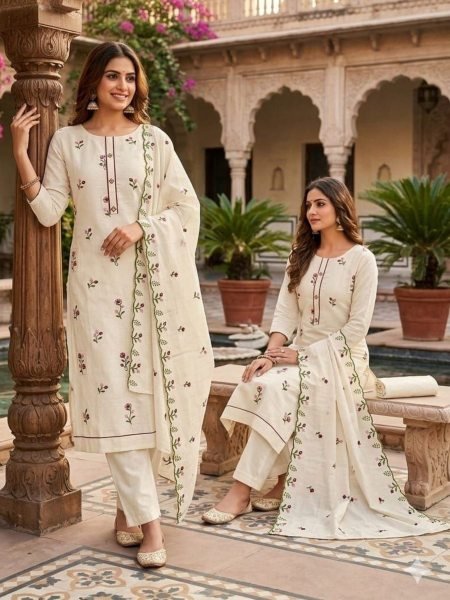 Contemporary OffWhite Cora Cambric Cotton Salwar Suit Material with Elegant Multi Booti Design 