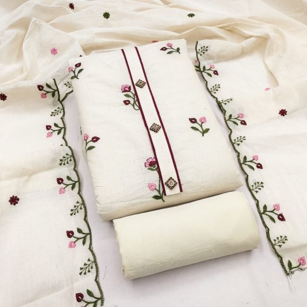 Contemporary OffWhite Cora Cambric Cotton Salwar Suit Material with Elegant Multi Booti Design Punjabi Dress Materials Wholesale