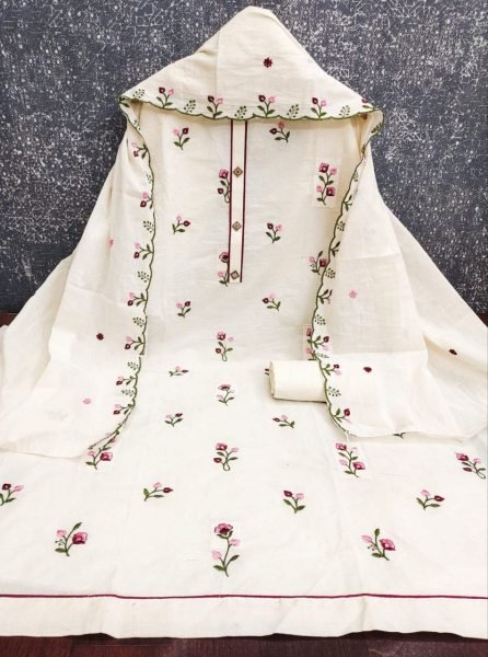 Contemporary OffWhite Cora Cambric Cotton Salwar Suit Material with Elegant Multi Booti Design Punjabi Dress Materials Wholesale