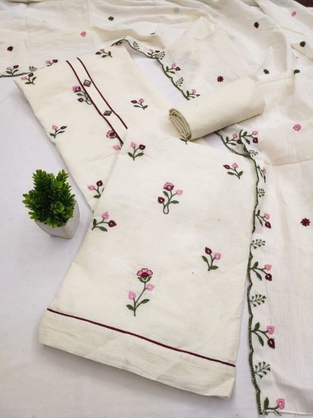 Contemporary OffWhite Cora Cambric Cotton Salwar Suit Material with Elegant Multi Booti Design Punjabi Dress Materials Wholesale