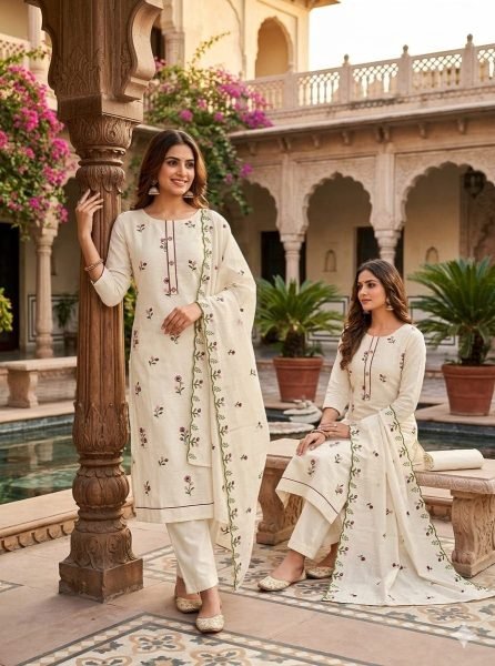 Contemporary OffWhite Cora Cambric Cotton Salwar Suit Material with Elegant Multi Booti Design Punjabi Dress Materials Wholesale