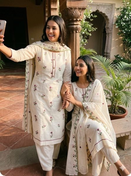 Contemporary OffWhite Cora Cambric Cotton Salwar Suit Material with Elegant Multi Booti Design Punjabi Dress Materials Wholesale