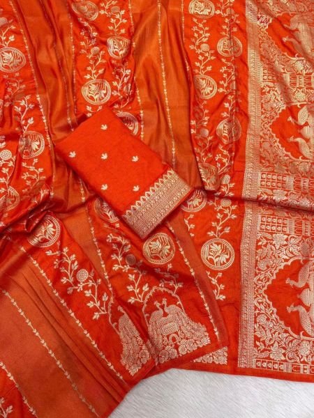 Contemporary Orange Premium Crepe Khadi Saree with Golden Zari Kalakari Work 