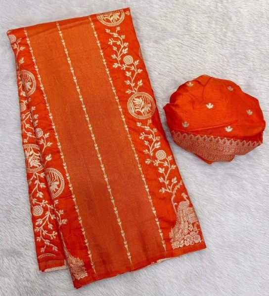 Contemporary Orange Premium Crepe Khadi Saree with Golden Zari Kalakari Work Printed Cotton Sarees Wholesale