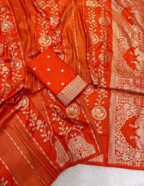 Contemporary Orange Premium Crepe Khadi Saree with Golden Zari Kalakari Work Printed Cotton Sarees Wholesale