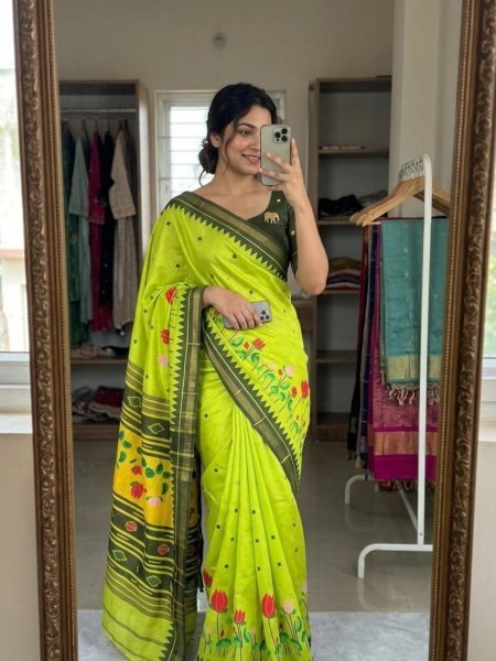 Contemporary Parrot Green Daily Wear Cotton Saree with Kalamkari Design 