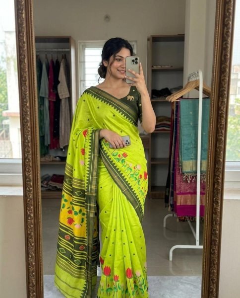 Contemporary Parrot Green Daily Wear Cotton Saree with Kalamkari Design Printed Cotton Sarees Wholesale