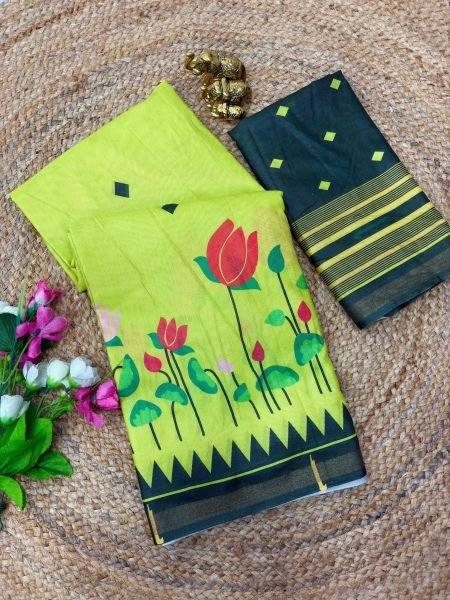 Contemporary Parrot Green Daily Wear Cotton Saree with Kalamkari Design Printed Cotton Sarees Wholesale