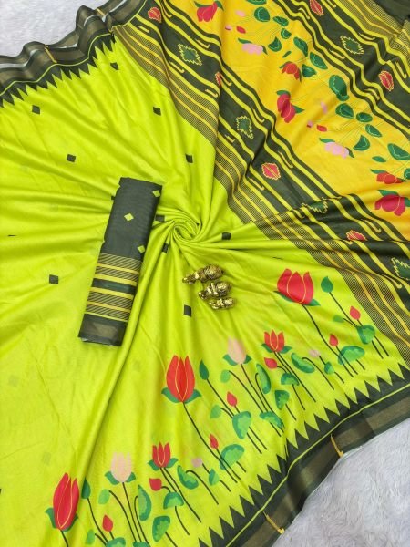 Contemporary Parrot Green Daily Wear Cotton Saree with Kalamkari Design Printed Cotton Sarees Wholesale