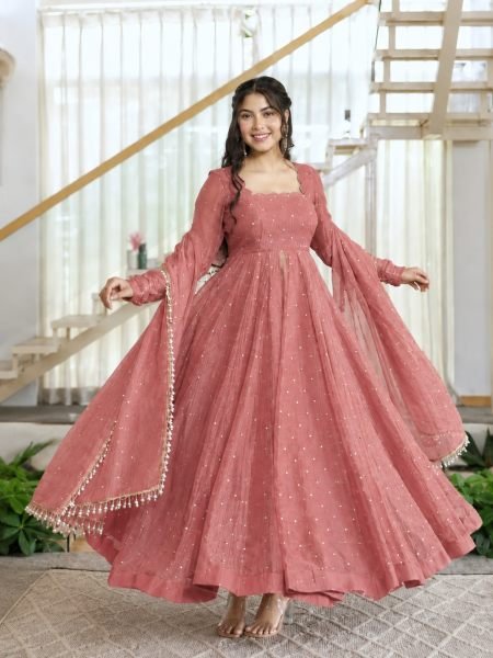 Contemporary Pink Designer Salsa Silk Gown with Fancy Lace Dupatta At Wholesale Rate Ready To Wear Suit