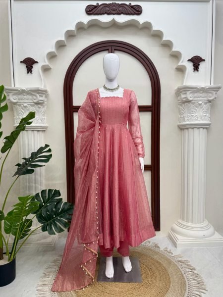Contemporary Pink Designer Salsa Silk Gown with Fancy Lace Dupatta At Wholesale Rate Ready To Wear Collection