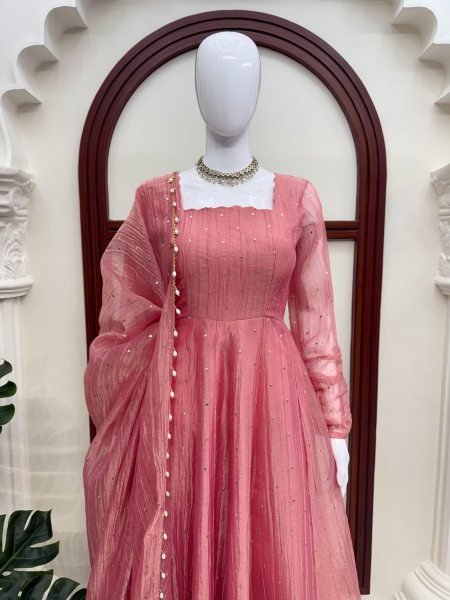 Contemporary Pink Designer Salsa Silk Gown with Fancy Lace Dupatta At Wholesale Rate Ready To Wear Collection