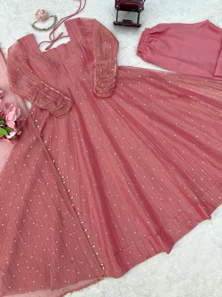 Contemporary Pink Designer Salsa Silk Gown with Fancy Lace Dupatta At Wholesale Rate Ready To Wear Collection