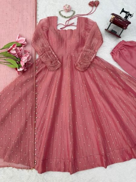 Contemporary Pink Designer Salsa Silk Gown with Fancy Lace Dupatta At Wholesale Rate Ready To Wear Collection