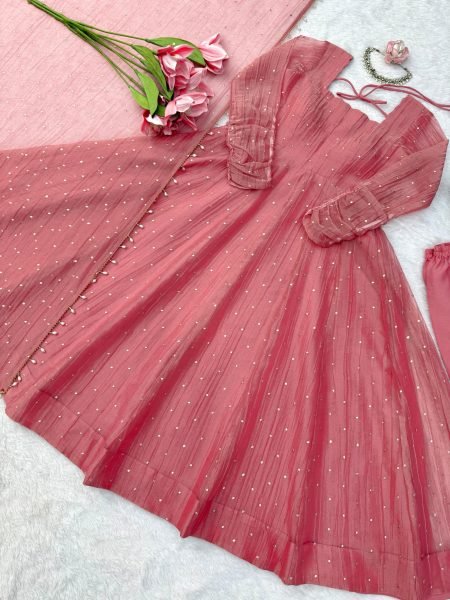 Contemporary Pink Designer Salsa Silk Gown with Fancy Lace Dupatta At Wholesale Rate Ready To Wear Collection